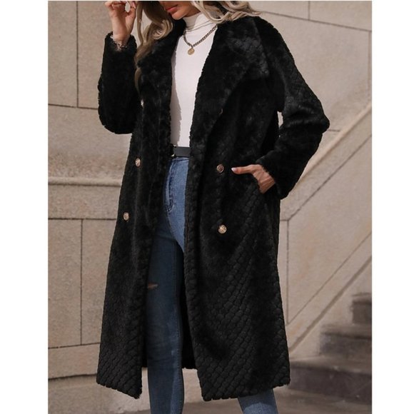 Black Faux fur teddy double breasted Coat Jacket - Picture 2 of 12